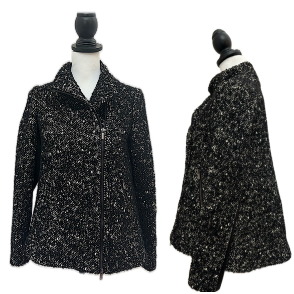 BCBGMaxAzria Coat Jacket SZ XXS Black White Boucle Wool Moto Full Zip A-line